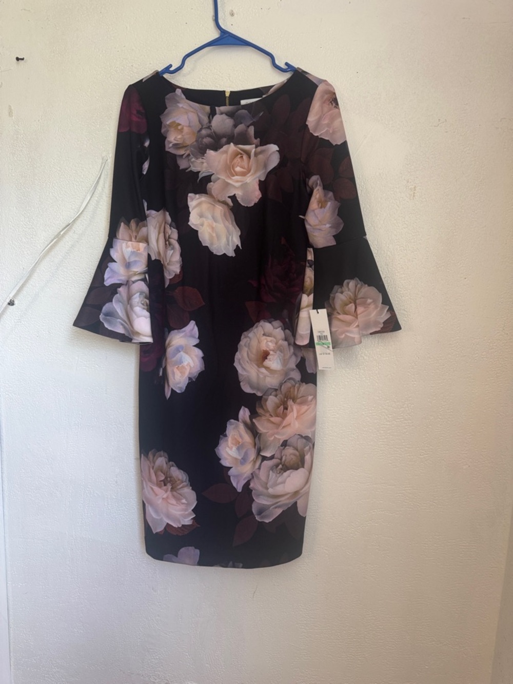 Calvin Klein Black Midi Dress with Blush Rose Print Size 8